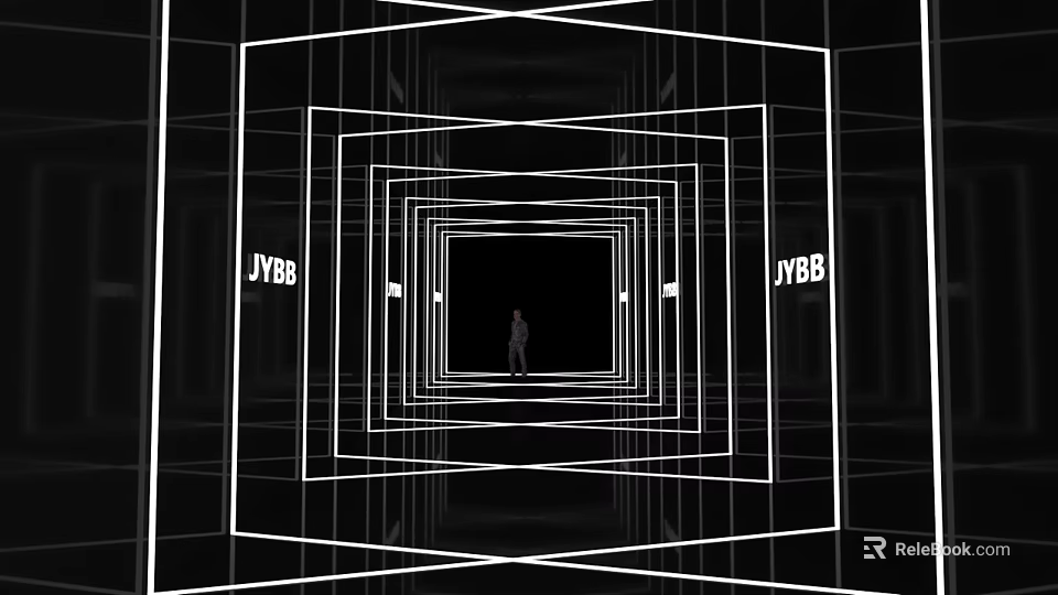 Office Hallway With Tunnel Effect White Line Square Frames Black Background Central Person JYBB Text 3d model 