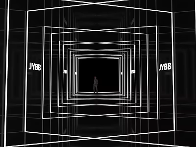 Office Hallway With Tunnel Effect White Line Square Frames Black Background Central Person JYBB Text 3d model