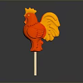 Red And Gold Rooster Shaped Lollipop On Wooden Stick With Shiny Surface