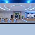 Modern Lobby Interior With Wooden Reception Desks Seating Large Screen Blue Lighting And Plants
