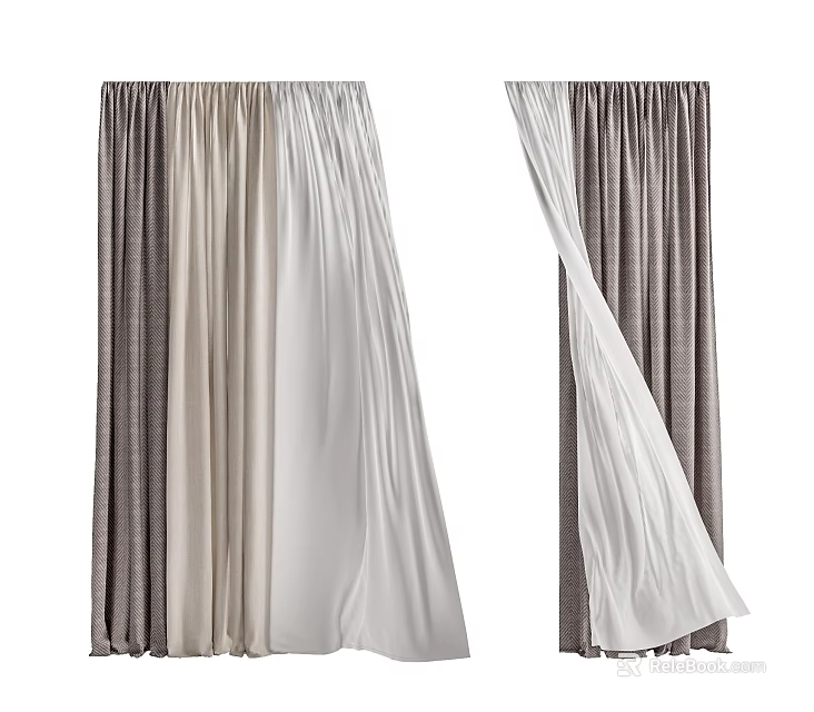 Elegant Soft Curtains With Gray Beige White Gradient Closed And Partially Open Home Decor 3d model 