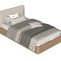 Single Bed With Beige Upholstered Headboard Gray Striped Bedding And Decorative Pillows With Eye Pattern 3d model
