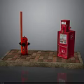 Red Fire Hydrant And Vending Machine Setup On Brick Paved Ground