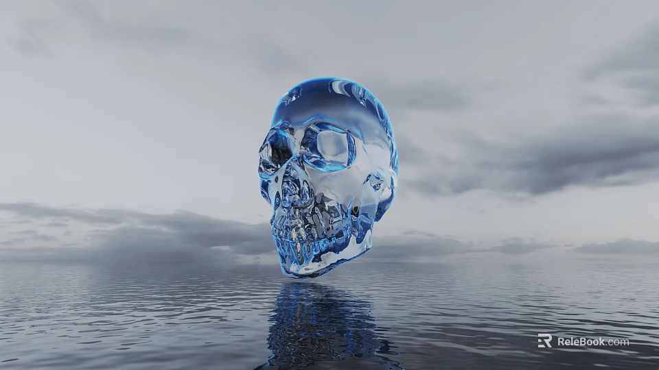 Transparent Blue Crystal Skull Floating On Water Surface With Gray Sky Clouds And Reflection 3d model 