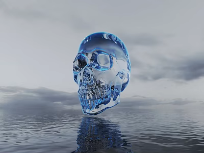 Transparent Blue Crystal Skull Floating On Water Surface With Gray Sky Clouds And Reflection 3d model
