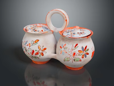 Pair of Decorative Ceramic Containers With Floral Patterns And Orange Rimmed Lids 3d model