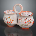 Pair of Decorative Ceramic Containers With Floral Patterns And Orange Rimmed Lids