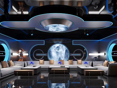 Luxury Modern KTV Lounge Interior With Blue Lighting Circular Decor And Sofa Area 3d model