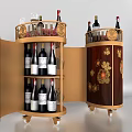 Elegant Round Wheeled Wine Cabinet With Open Doors Red Wine Bottles Glassware And Decorative Flowers