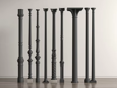 Collection Of Dark Colored Columns With Various Designs And Architectural Details For Home Decor 3d model