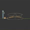 Wooden Garden Bridge Landscape Design With Green Grass Gravel Ground And Small Blue Fountain