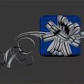 Decorative Blue Gift Box With White Ribbon Bow And Scattered Ribbons On Dark Reflective Surface
