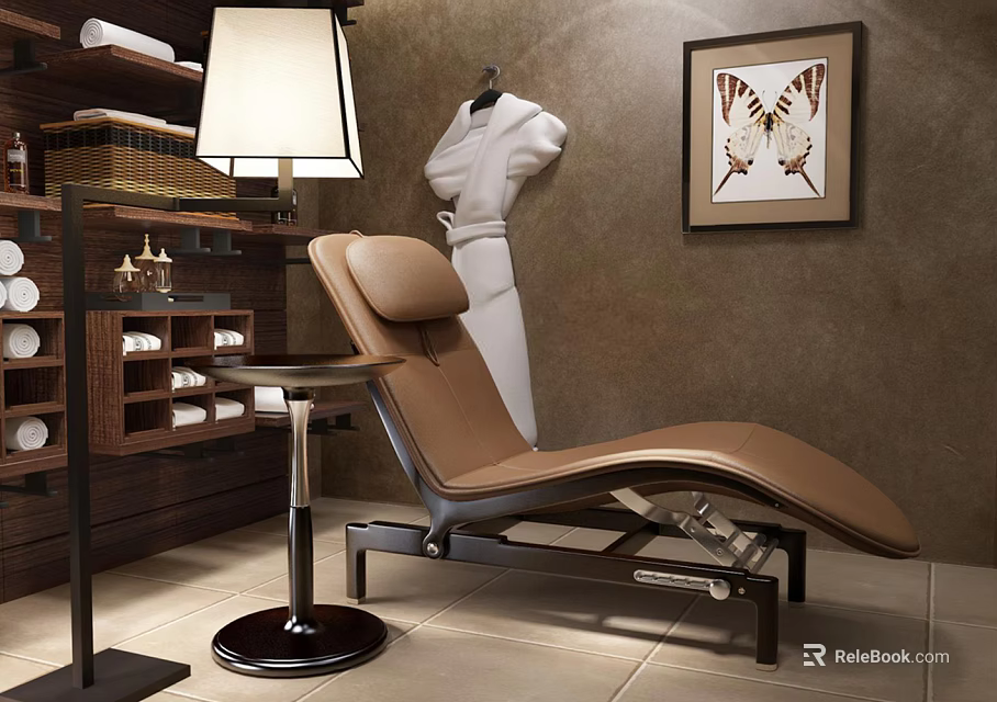 Comfortable Brown Lounge Chair with Side Table Floor Lamp Zebra Print Artwork and Hanging Robe 3d model 