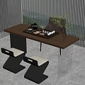 Modern Wooden Tea Table with Upholstered Stools and Tea Set in Interior Setting 3d model