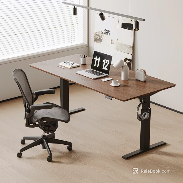 Modern Walnut Wood Height Adjustable Desk And Gray Office Chair Set With Laptop And Clock 3d model 