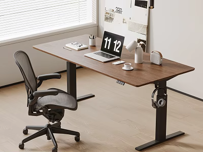 Modern Walnut Wood Height Adjustable Desk And Gray Office Chair Set With Laptop And Clock 3d model