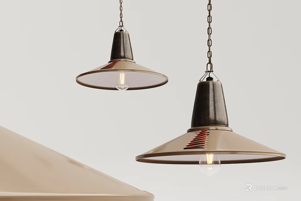 Stylish Metallic Pendant Lights With Conical Shades Chain Hanging In Modern Interior 3d model 