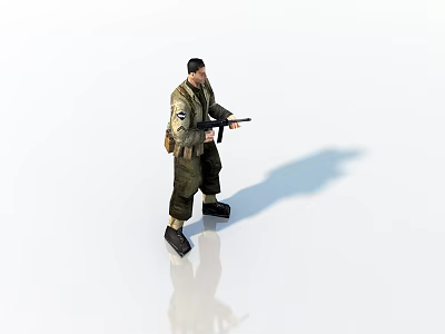 A Man in Military Uniform Holding Rifle Standing Against White Background 3d model