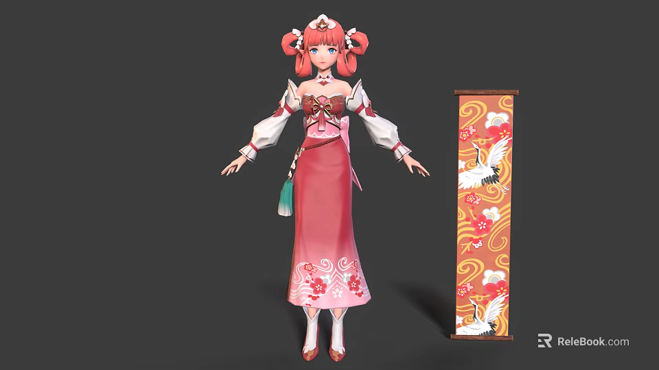 Traditional Costume Character With Pink Double Ponytail And Crane Scroll Design 3d model 