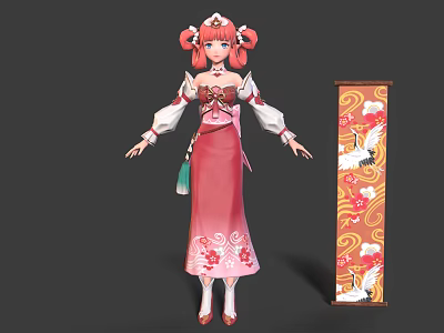 Traditional Costume Character With Pink Double Ponytail And Crane Scroll Design 3d model