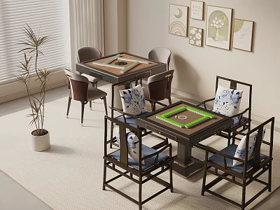 Two Stylish Gaming Tables With Blue Cushioned Chairs And Wall Art Decor 3d model