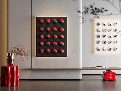 Modern Display Shelves With Red Black Spherical Decorations On White Interior Wall 3d model