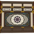 Traditional Wooden Partition With Ornate Carved Patterns And Colored Glass Accents