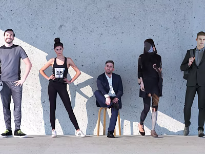 Group of People in Various Outfits Posing Against Gray Wall Standing and Sitting 3d model