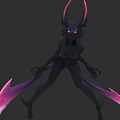 Game and Movie Character With Black Body Pink Horns And Purple Pink Scythe Weapons