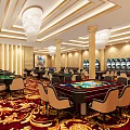 Luxurious Interior Design With Crystal Chandeliers Red Patterned Carpet Tables Chairs And Bar Counter