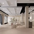 Clothing Store Exterior with Arched Entrance Window Display Mannequins White Building Street and Green Trees