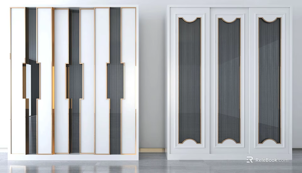 Modern White Wardrobe Design With Gold Accents Vertical Strips And Glass Doors 3d model 