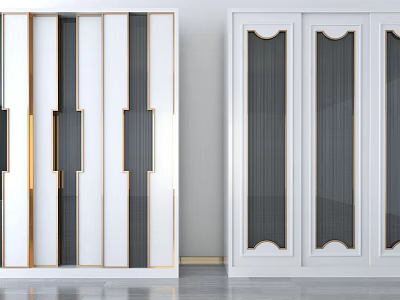 Modern White Wardrobe Design With Gold Accents Vertical Strips And Glass Doors 3d model