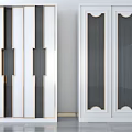Modern White Wardrobe Design With Gold Accents Vertical Strips And Glass Doors