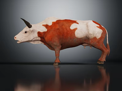 Red And White Bull Standing With Horns And Floor Reflection In Studio 3d model