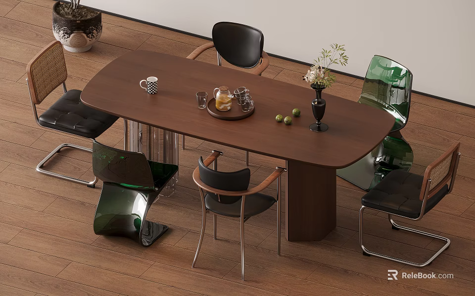 Modern Wood Dining Table Set With Black Green Chairs Coffee Cup Fruit Plate Flower Vase 3d model 