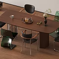 Modern Wood Dining Table Set With Black Green Chairs Coffee Cup Fruit Plate Flower Vase