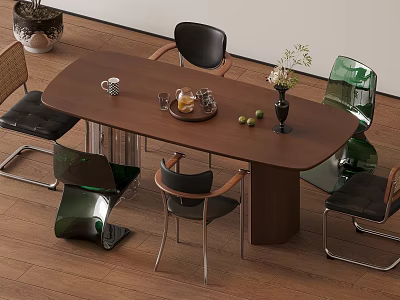Modern Wood Dining Table Set With Black Green Chairs Coffee Cup Fruit Plate Flower Vase 3d model