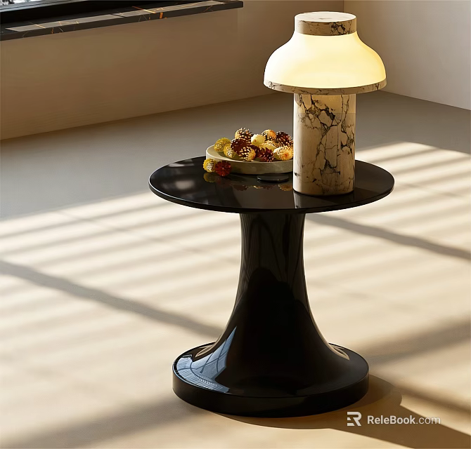 Modern Black Side Table With Round Top Streamlined Base And Marble Lamp In Natural Light 3d model 