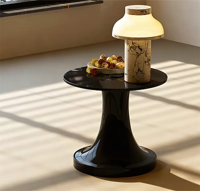 Modern Black Side Table With Round Top Streamlined Base And Marble Lamp In Natural Light 3d model
