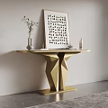 Modern Gold Console Table with Geometric Base Decorative Items on Tabletop and Laser-Cut Frame 3d model