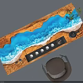 Creative Resin Solid Wood Tea Table with Blue Wave Design Brown Chair Tray and Coasters