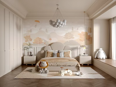 Kids Bedroom With Tree Hill Wallpaper Spherical Chandelier Stuffed Toys And Herringbone Rug 3d model
