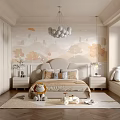 Kids Bedroom With Tree Hill Wallpaper Spherical Chandelier Stuffed Toys And Herringbone Rug