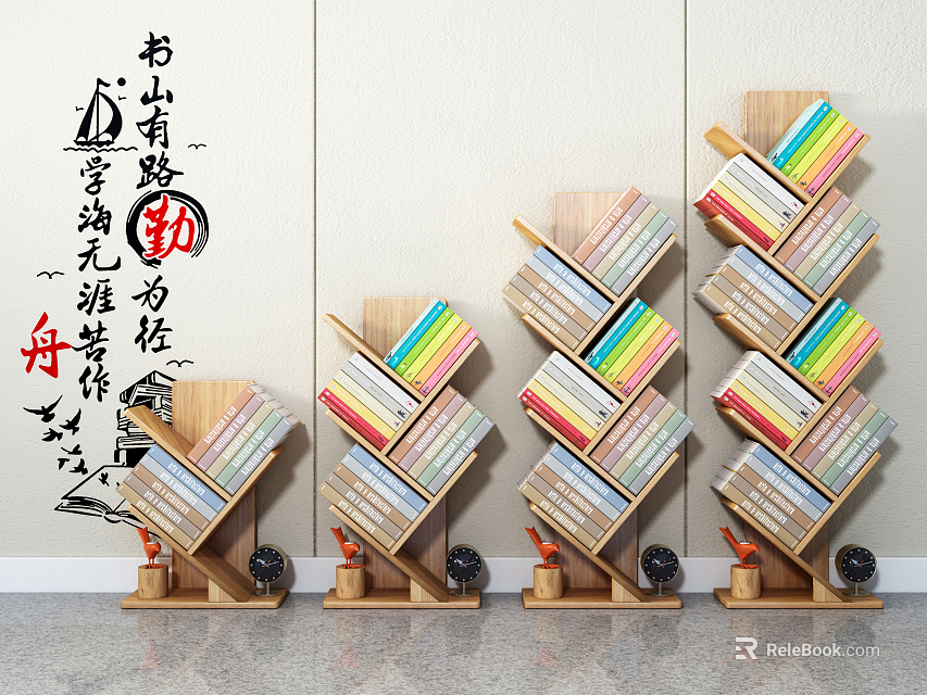 Wooden Bookcases with Tilted Design and Colorful Books and Traditional Calligraphy Decor 3d model 