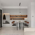 Modern Living Dining Room Interior with Beige Sofa White Refrigerator Chandelier Framed Artwork and Rug