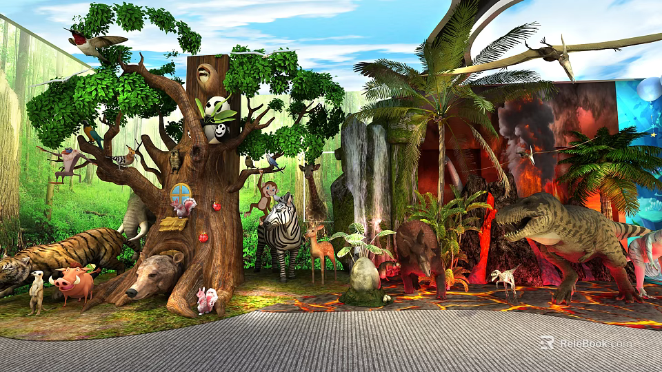 Jungle Themed Animal Display With Waterfall Volcano Trees And Various Wildlife 3d model 