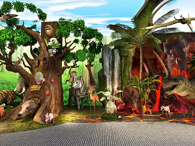 Jungle Themed Animal Display With Waterfall Volcano Trees And Various Wildlife 3d model