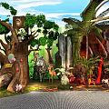 Jungle Themed Animal Display With Waterfall Volcano Trees And Various Wildlife