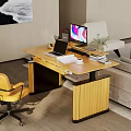 Home Office With Wooden Desk Laptop Desk Lamp Potted Plant And Window Grass View